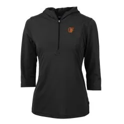 Women's Baltimore Orioles Cutter & Buck Black Virtue Eco Pique 3/4 Sleeve Half-Zip Pullover Hoodie