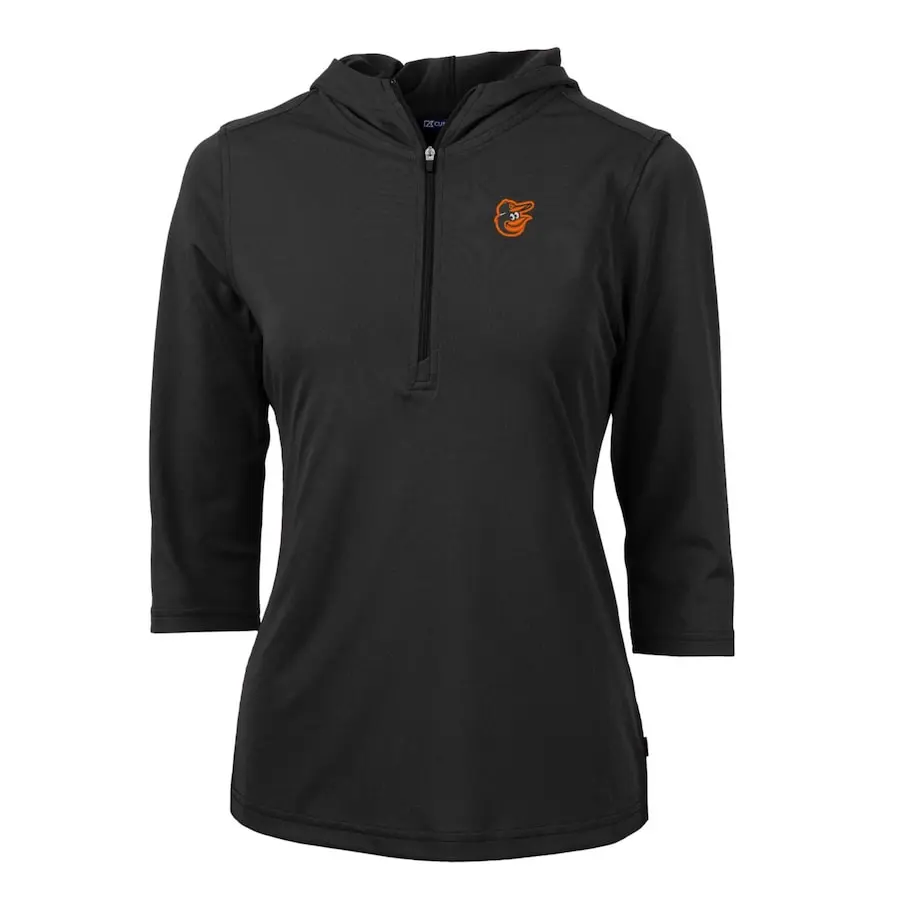 Women's Baltimore Orioles Cutter & Buck Black Virtue Eco Pique 3/4 Sleeve Half-Zip Pullover Hoodie