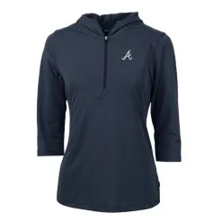 Women's Atlanta Braves Cutter & Buck Navy Virtue Eco Pique 3/4 Sleeve Half-Zip Pullover Hoodie