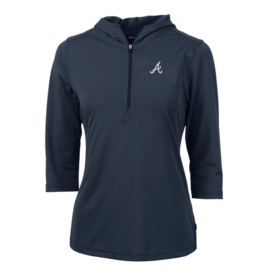 Women's Atlanta Braves Cutter & Buck Navy Virtue Eco Pique 3/4 Sleeve Half-Zip Pullover Hoodie