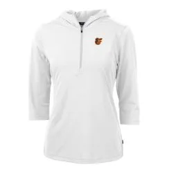 Women's Baltimore Orioles Cutter & Buck White Virtue Eco Pique 3/4 Sleeve Half-Zip Pullover Hoodie