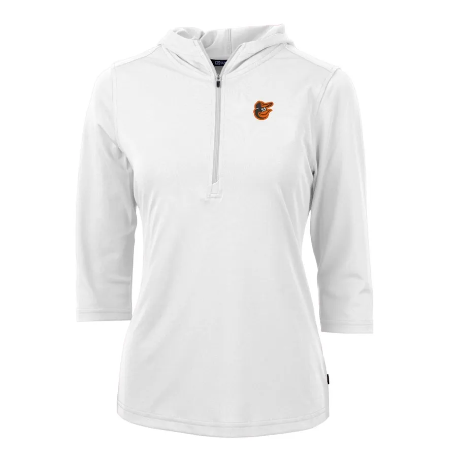 Women's Baltimore Orioles Cutter & Buck White Virtue Eco Pique 3/4 Sleeve Half-Zip Pullover Hoodie