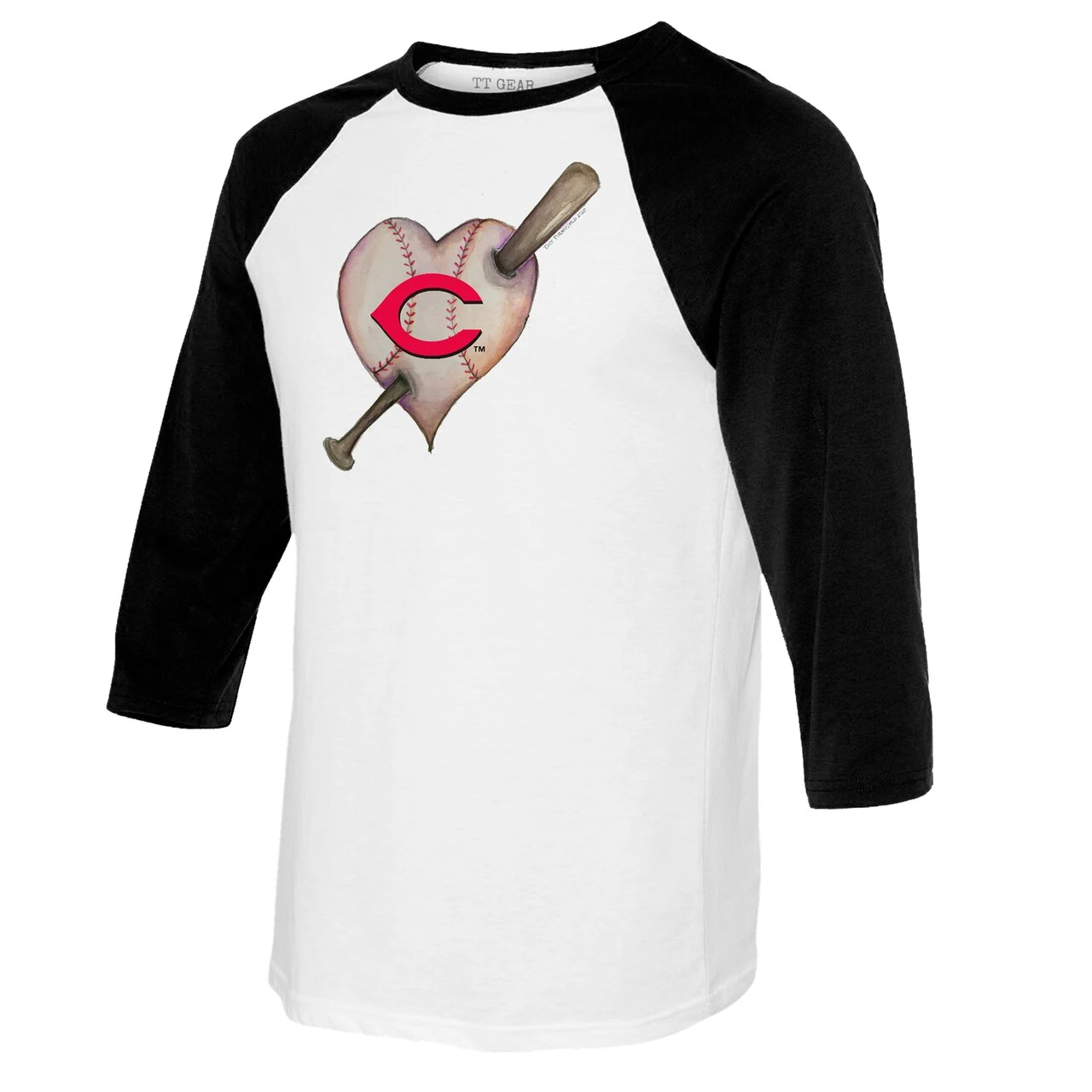 Women's Cincinnati Reds Tiny Turnip White/Black Heart Bat 3/4-Sleeve Raglan T-Shirt - Image 2