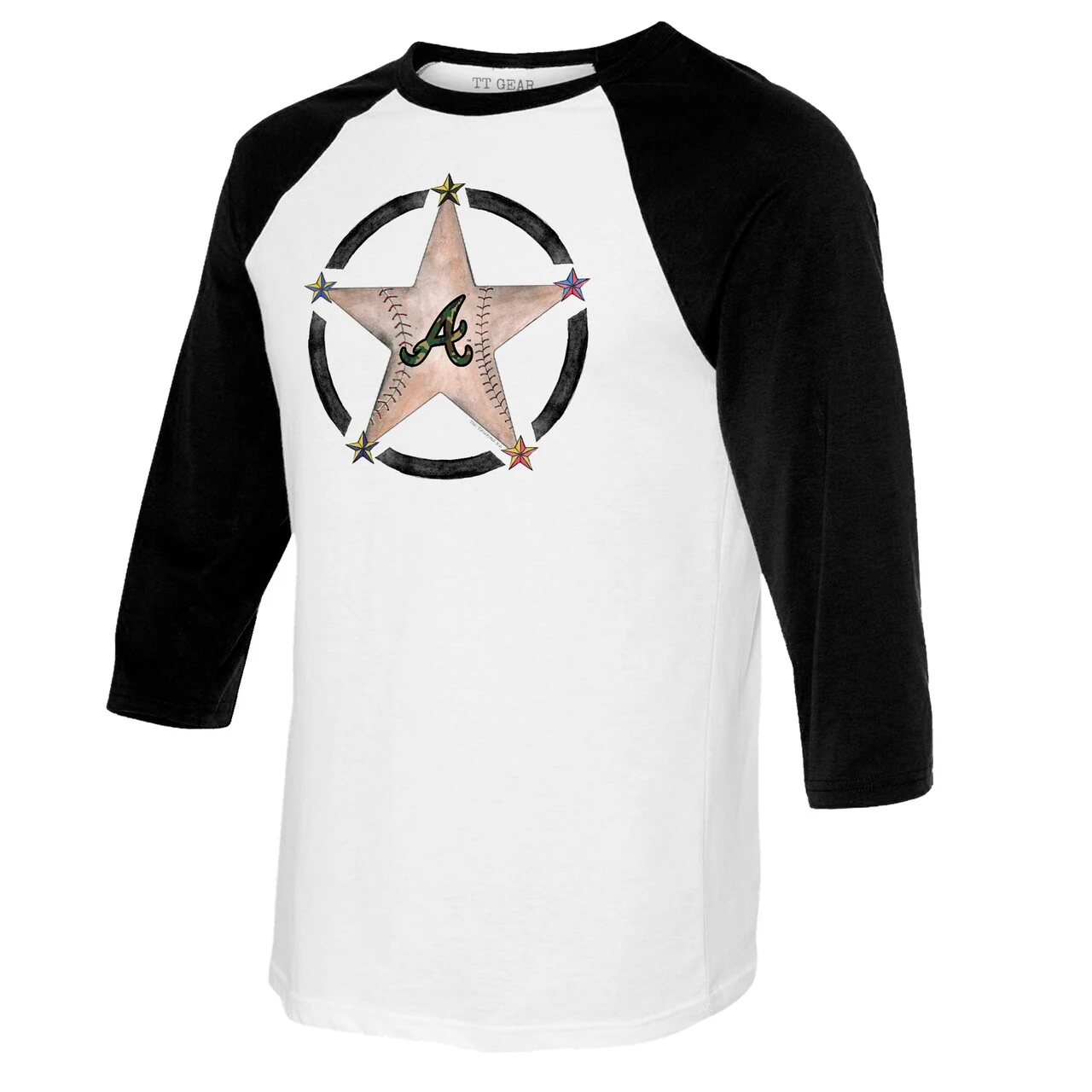 Women's Atlanta Braves Tiny Turnip White/Black Military Star 3/4-Sleeve Raglan T-Shirt - Image 2