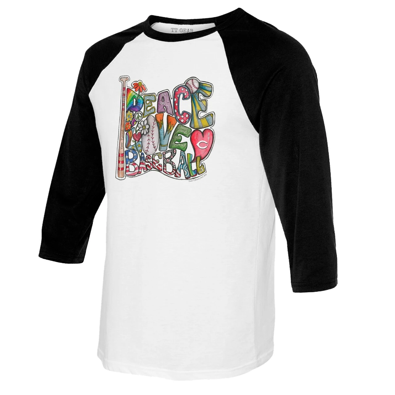 Women's Cincinnati Reds Tiny Turnip White/Black Peace Love Baseball 3/4-Sleeve Raglan T-Shirt - Image 2