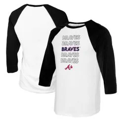Women's Atlanta Braves Tiny Turnip White/Black Stacked 3/4-Sleeve Raglan T-Shirt