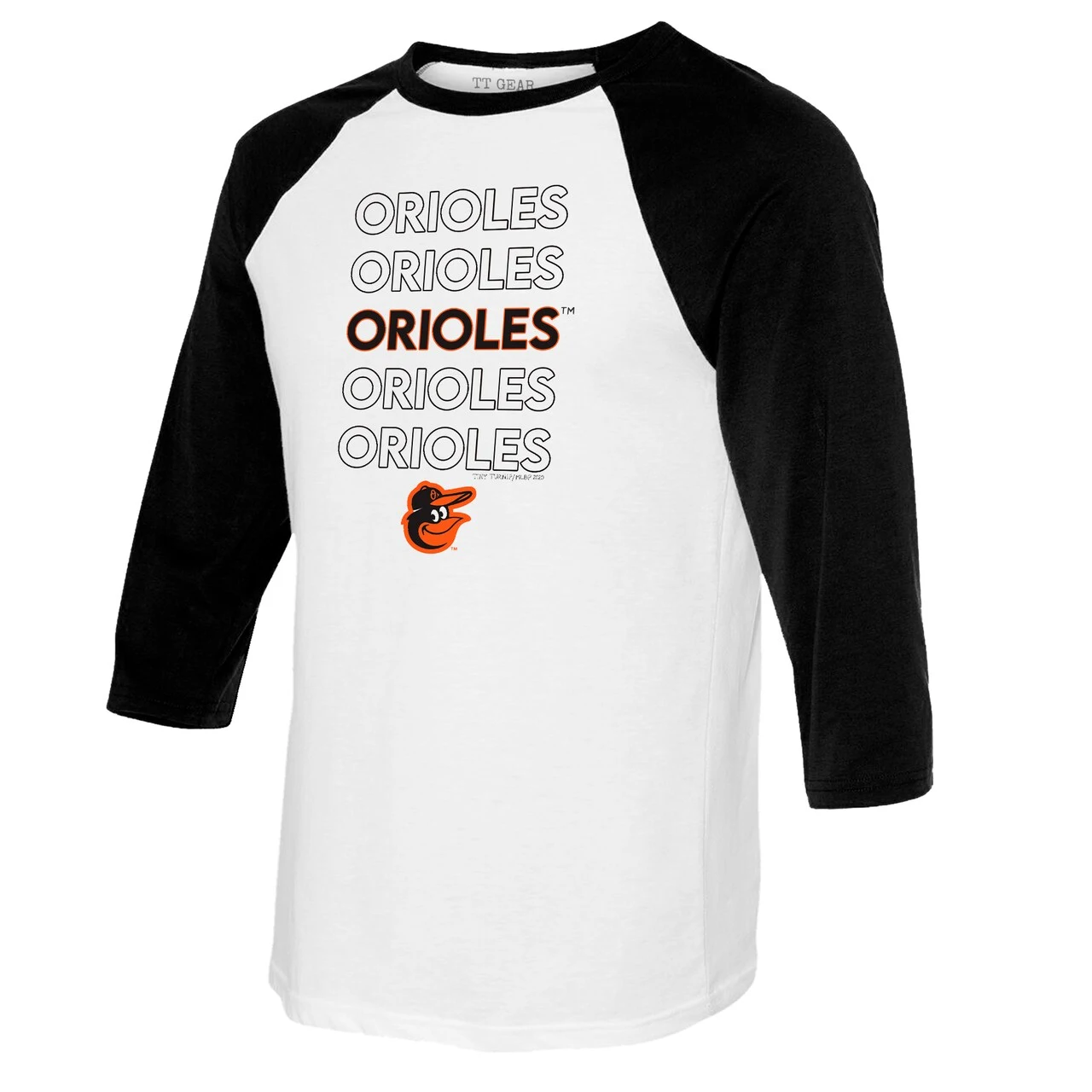 Women's Baltimore Orioles Tiny Turnip White/Black Stacked 3/4-Sleeve Raglan T-Shirt - Image 2