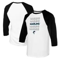 Women's Miami Marlins Tiny Turnip White/Black Stacked 3/4-Sleeve Raglan T-Shirt