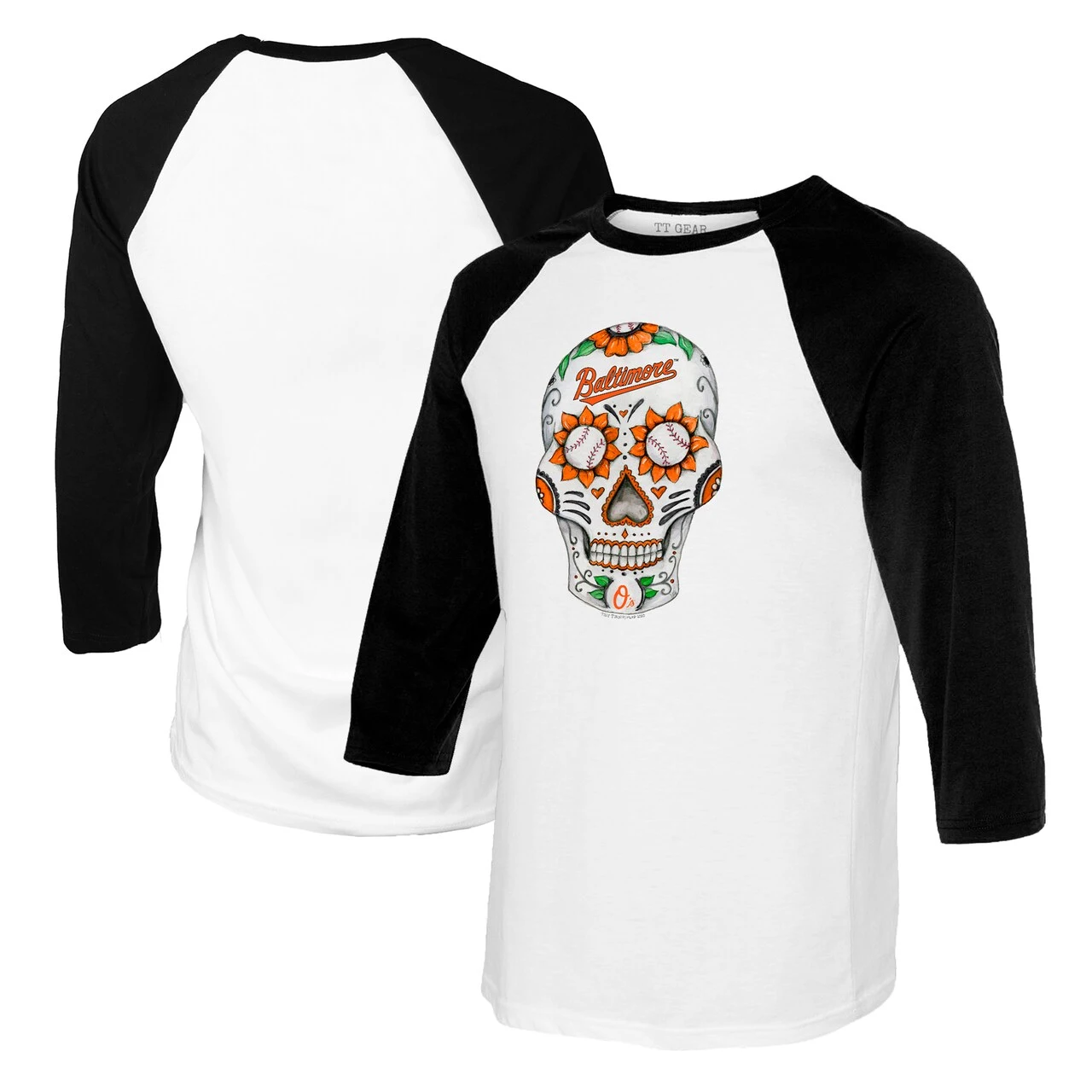 Women'sBaltimore Orioles Tiny Turnip White/Black Sugar Skull 3/4-Sleeve Raglan T-Shirt