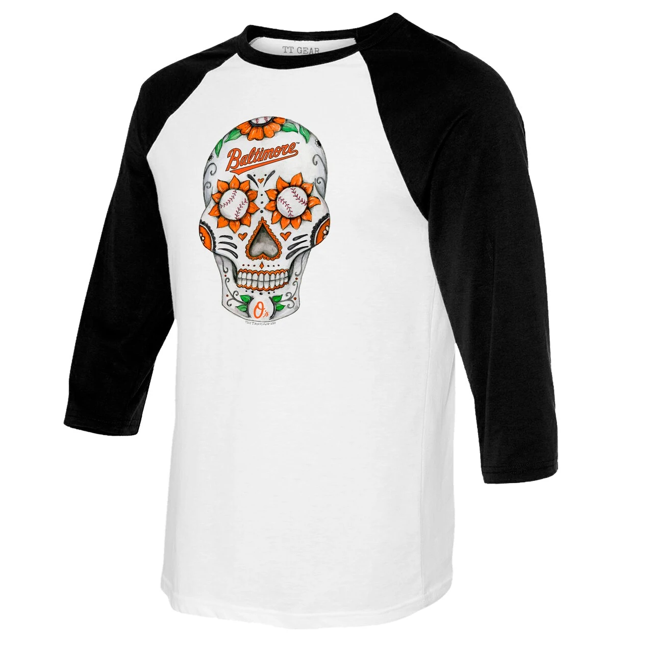 Women'sBaltimore Orioles Tiny Turnip White/Black Sugar Skull 3/4-Sleeve Raglan T-Shirt - Image 2