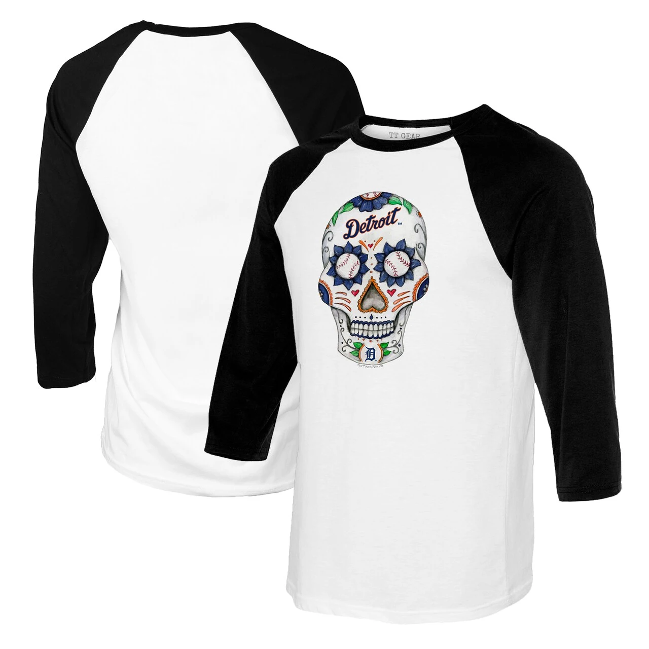 Women'sDetroit Tigers Tiny Turnip White/Black Sugar Skull 3/4-Sleeve Raglan T-Shirt