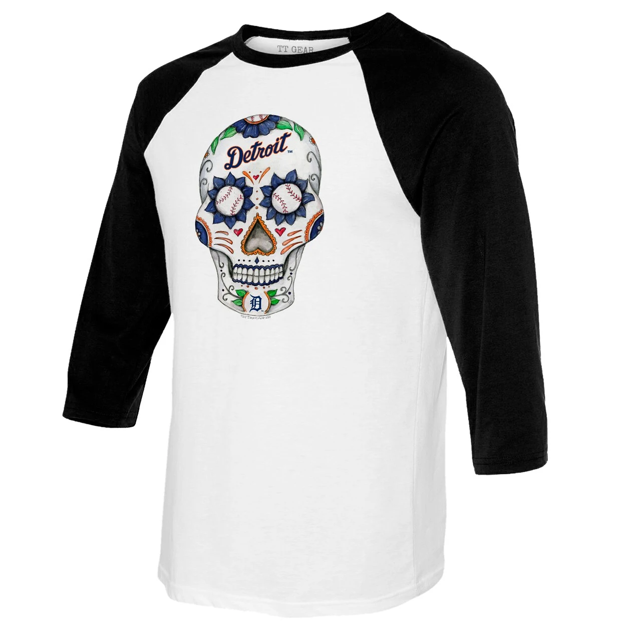 Women'sDetroit Tigers Tiny Turnip White/Black Sugar Skull 3/4-Sleeve Raglan T-Shirt - Image 2