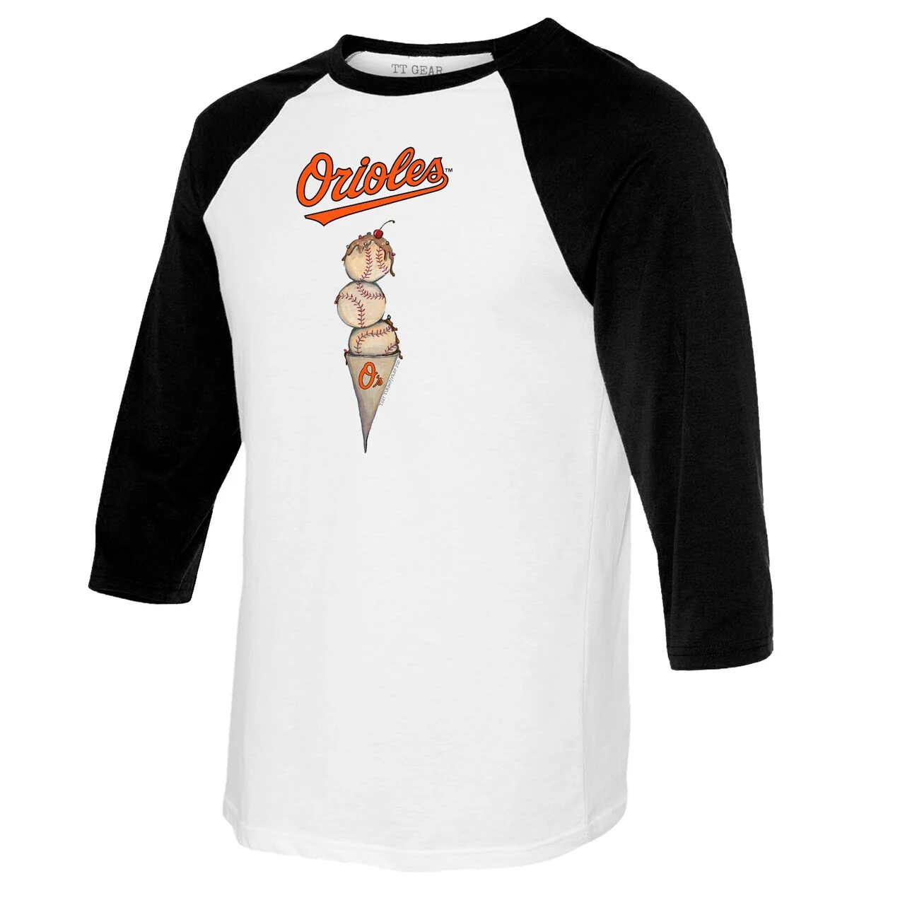 Women's Baltimore Orioles Tiny Turnip White/Black Triple Scoop 3/4-Sleeve Raglan T-Shirt - Image 2