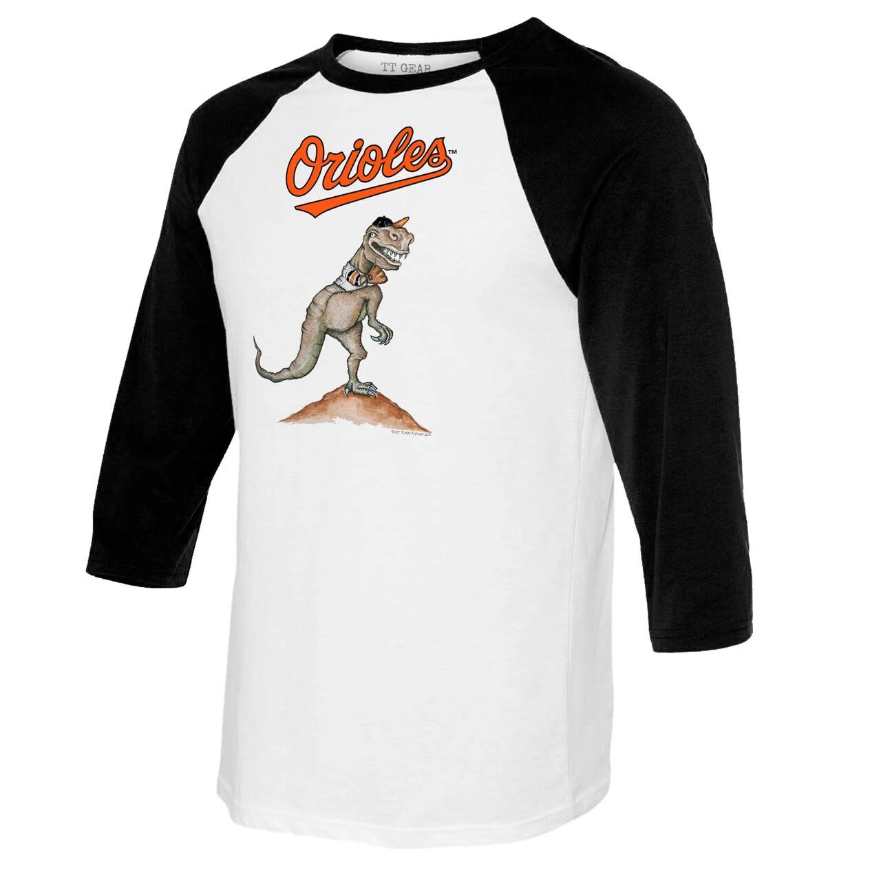Women's Baltimore Orioles Tiny Turnip White/Black TT Rex 3/4-Sleeve Raglan T-Shirt - Image 2