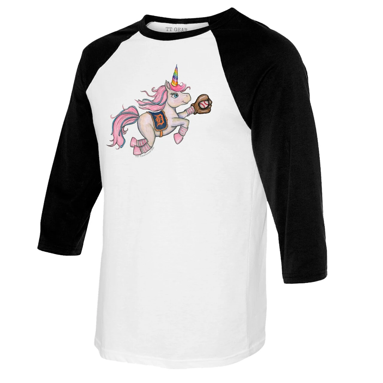 Women's Detroit Tigers Tiny Turnip White/Black Unicorn 3/4-Sleeve Raglan T-Shirt - Image 2