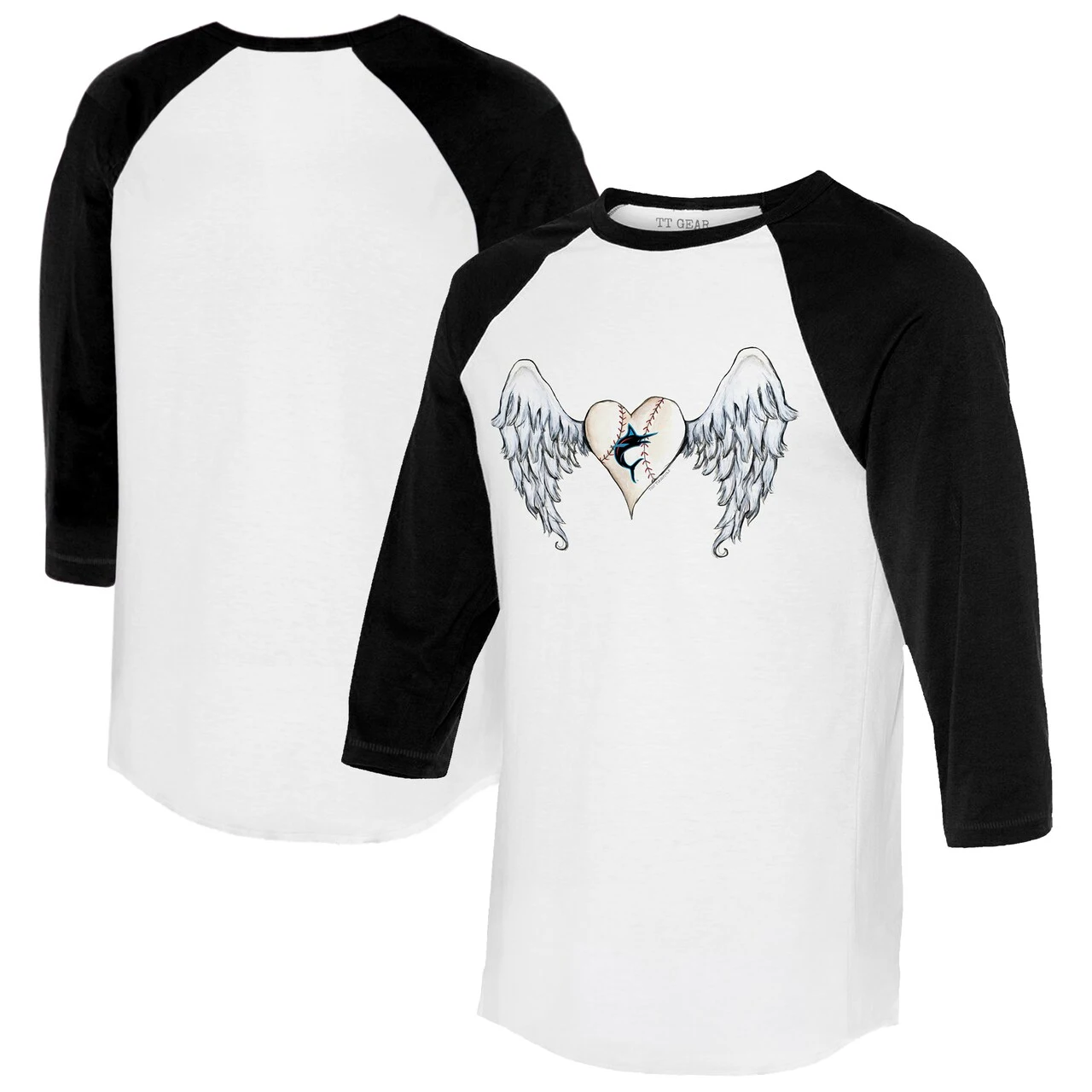 Women's Miami Marlins Tiny Turnip White/Black Angel Wings 3/4-Sleeve Raglan T-Shirt