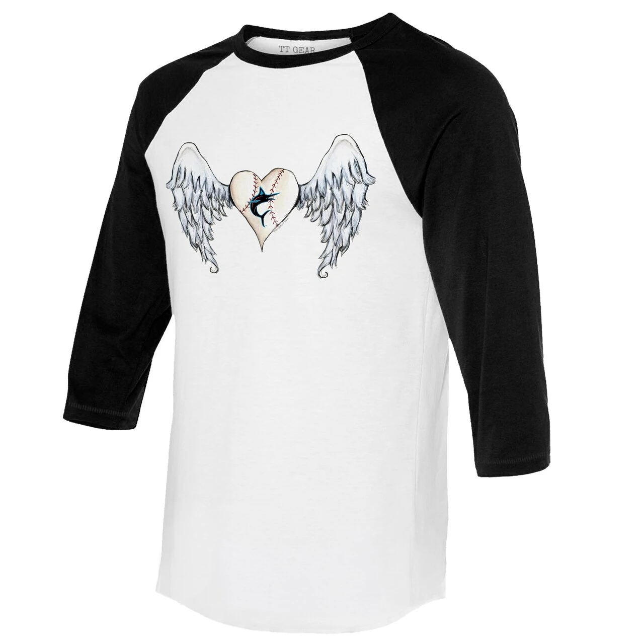 Women's Miami Marlins Tiny Turnip White/Black Angel Wings 3/4-Sleeve Raglan T-Shirt - Image 2