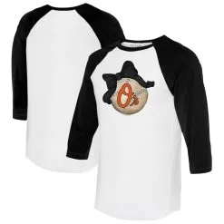 Women's Baltimore Orioles Tiny Turnip White/Black Baseball Bow 3/4-Sleeve Raglan T-Shirt