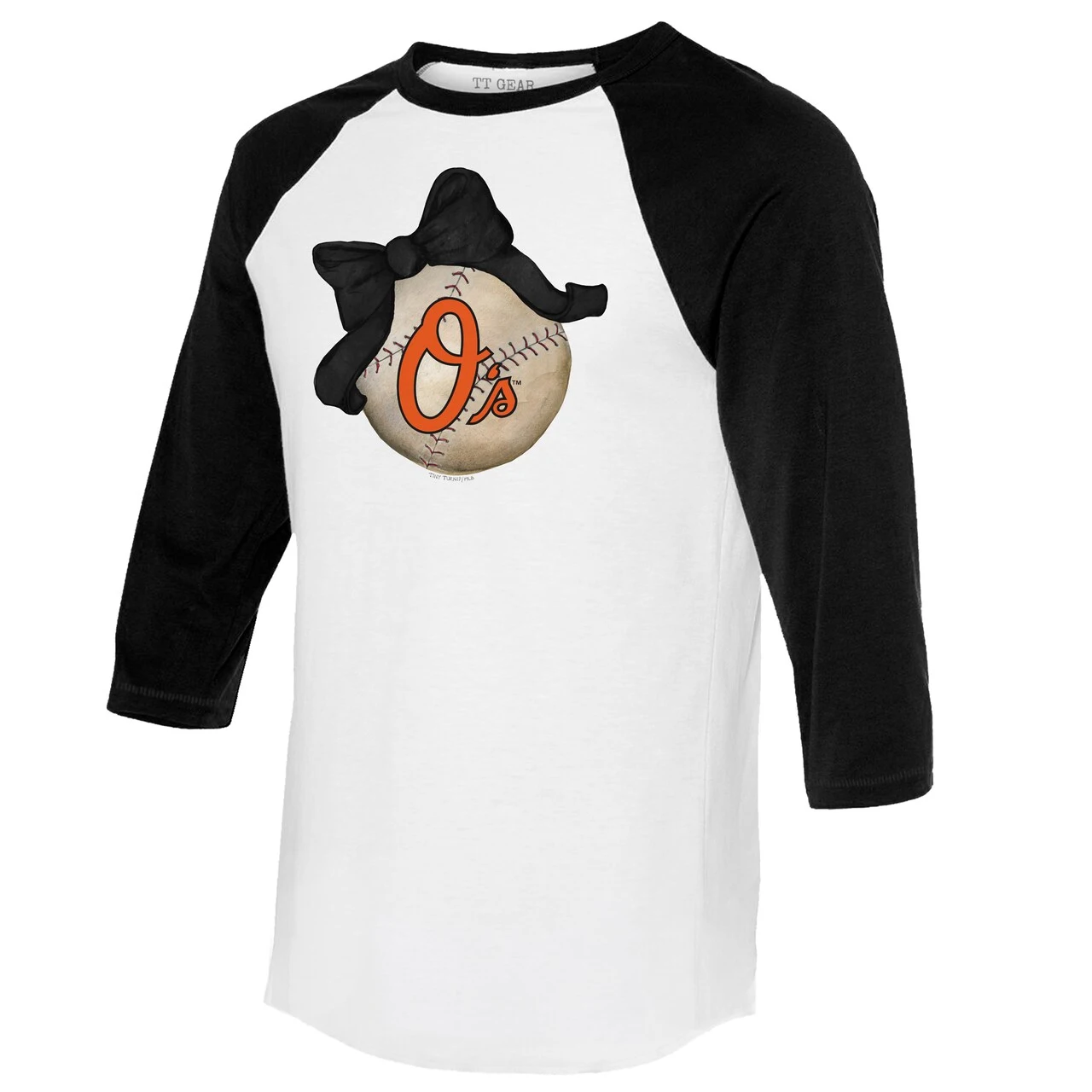 Women's Baltimore Orioles Tiny Turnip White/Black Baseball Bow 3/4-Sleeve Raglan T-Shirt - Image 2
