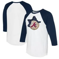 Women's Atlanta Braves Tiny Turnip White/Navy Baseball Bow 3/4-Sleeve Raglan T-Shirt