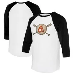 Women's Baltimore Orioles Tiny Turnip White/Black Baseball Cross Bats 3/4-Sleeve Raglan T-Shirt