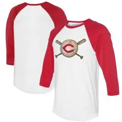 Women's Cincinnati Reds Tiny Turnip White/Red Baseball Cross Bats 3/4-Sleeve Raglan T-Shirt