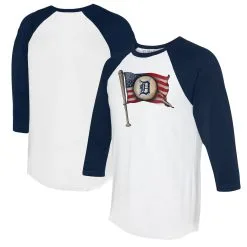 Women's Detroit Tigers Tiny Turnip White/Navy Baseball Flag 3/4-Sleeve Raglan T-Shirt
