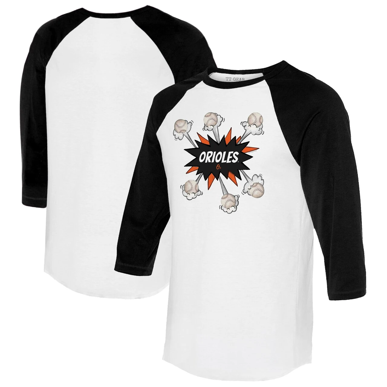 Women's Baltimore Orioles Tiny Turnip White/Black Baseball Pow 3/4-Sleeve Raglan T-Shirt
