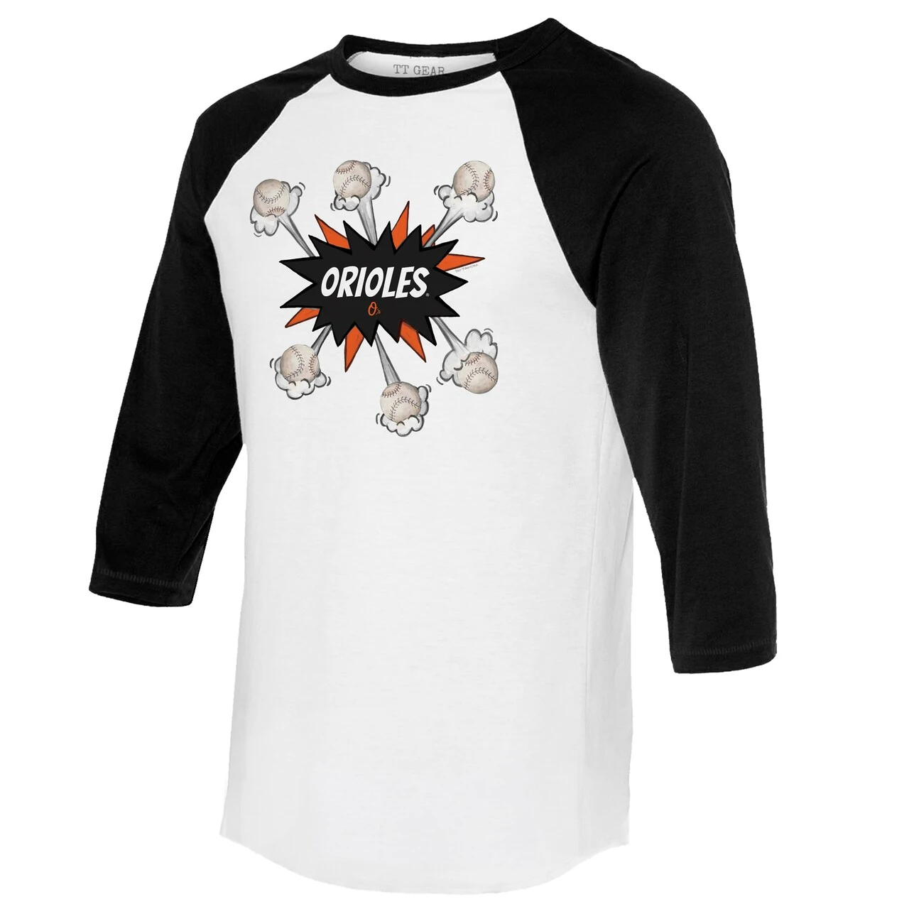 Women's Baltimore Orioles Tiny Turnip White/Black Baseball Pow 3/4-Sleeve Raglan T-Shirt - Image 2
