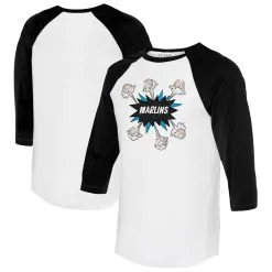 Women's Miami Marlins Tiny Turnip White/Black Baseball Pow 3/4-Sleeve Raglan T-Shirt