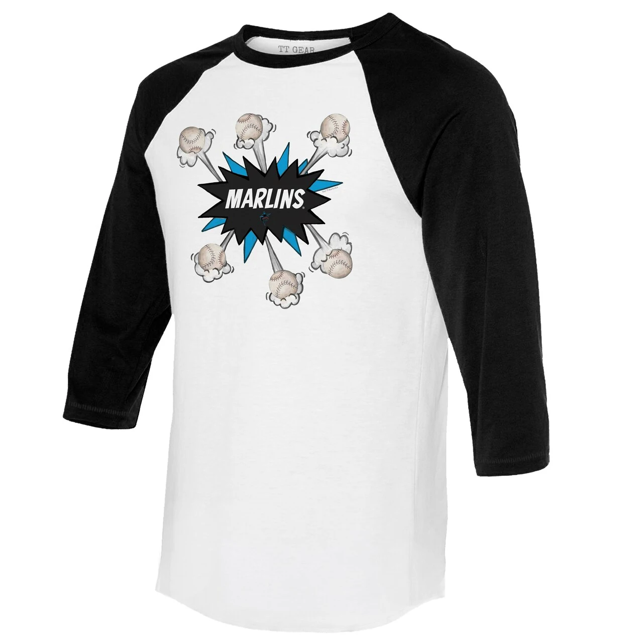 Women's Miami Marlins Tiny Turnip White/Black Baseball Pow 3/4-Sleeve Raglan T-Shirt - Image 2