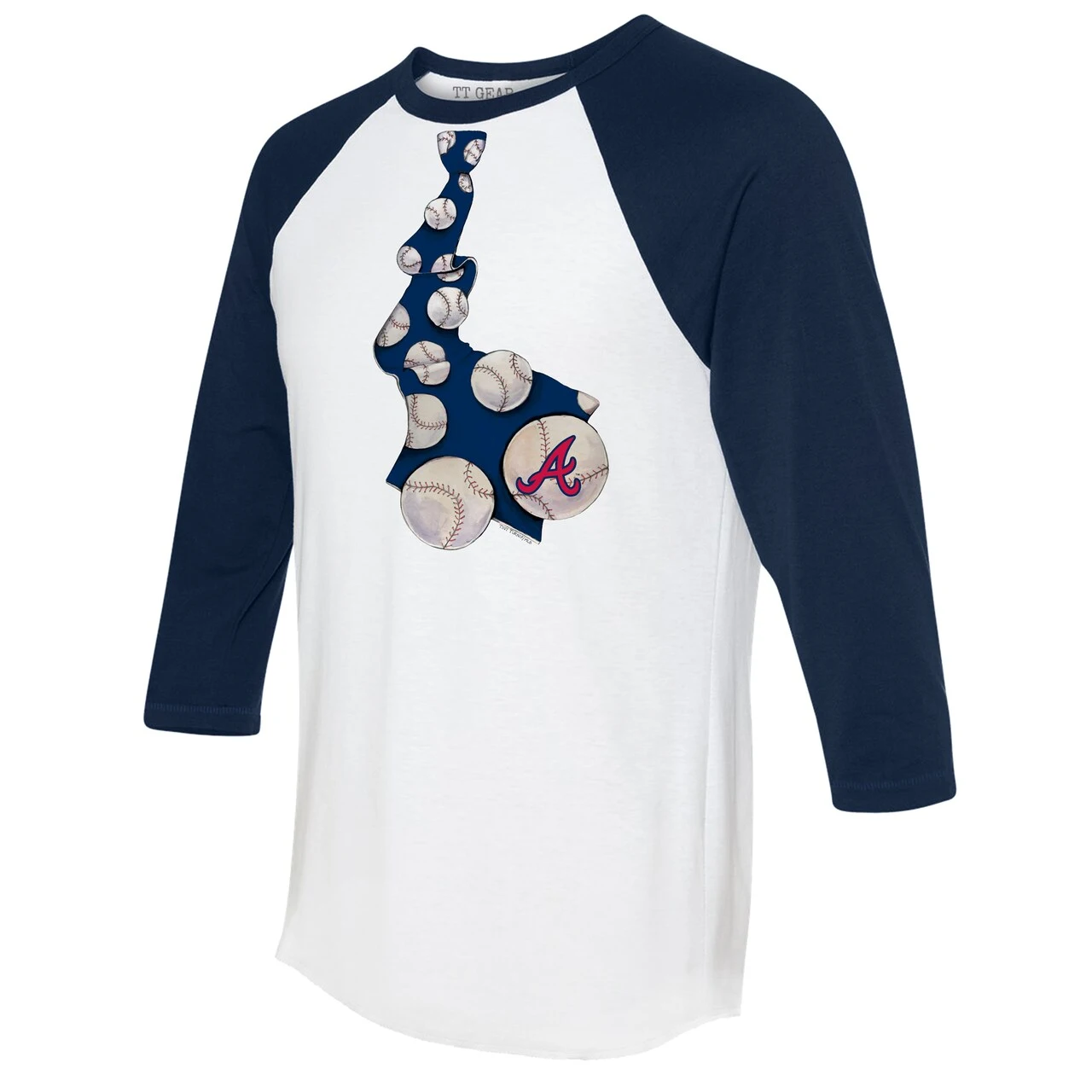 Women's Atlanta Braves Tiny Turnip White/Navy Baseball Tie 3/4-Sleeve Raglan T-Shirt - Image 2