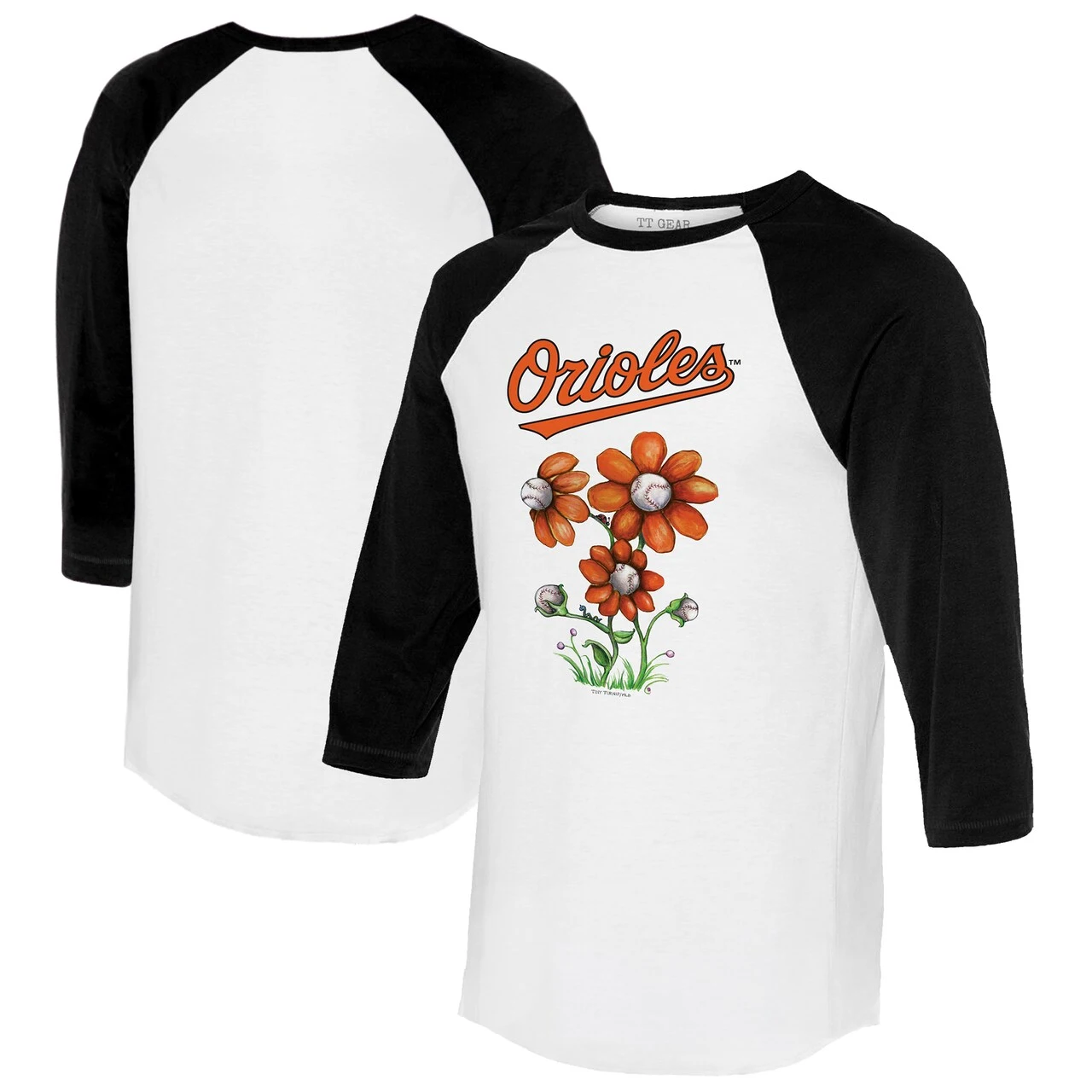 Women's Baltimore Orioles Tiny Turnip White/Black Blooming Baseballs 3/4-Sleeve Raglan T-Shirt