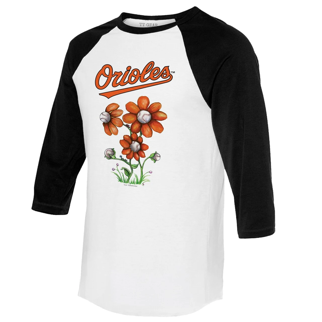 Women's Baltimore Orioles Tiny Turnip White/Black Blooming Baseballs 3/4-Sleeve Raglan T-Shirt - Image 2