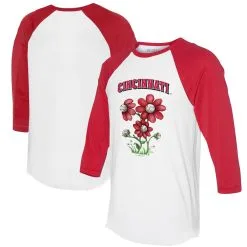 Women's Cincinnati Reds Tiny Turnip White/Red Blooming Baseballs 3/4-Sleeve Raglan T-Shirt