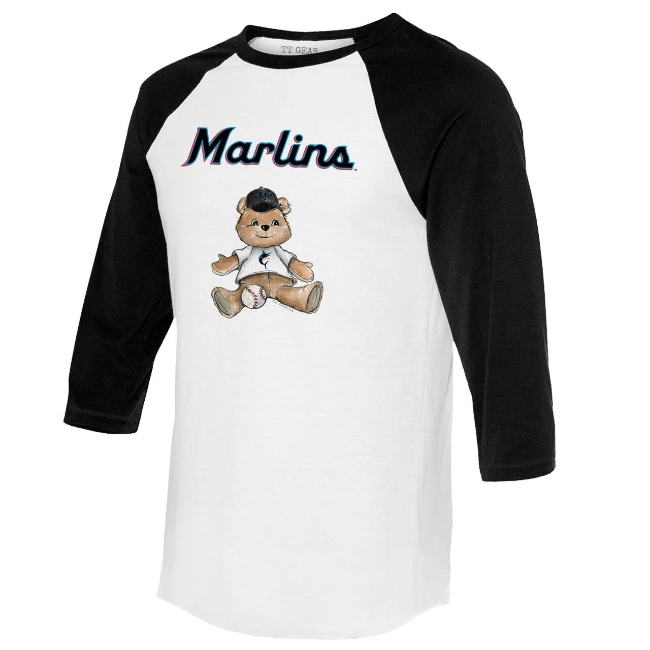 Women's Miami Marlins Tiny Turnip White/Black Teddy Boy 3/4-Sleeve Raglan T-Shirt - Image 2