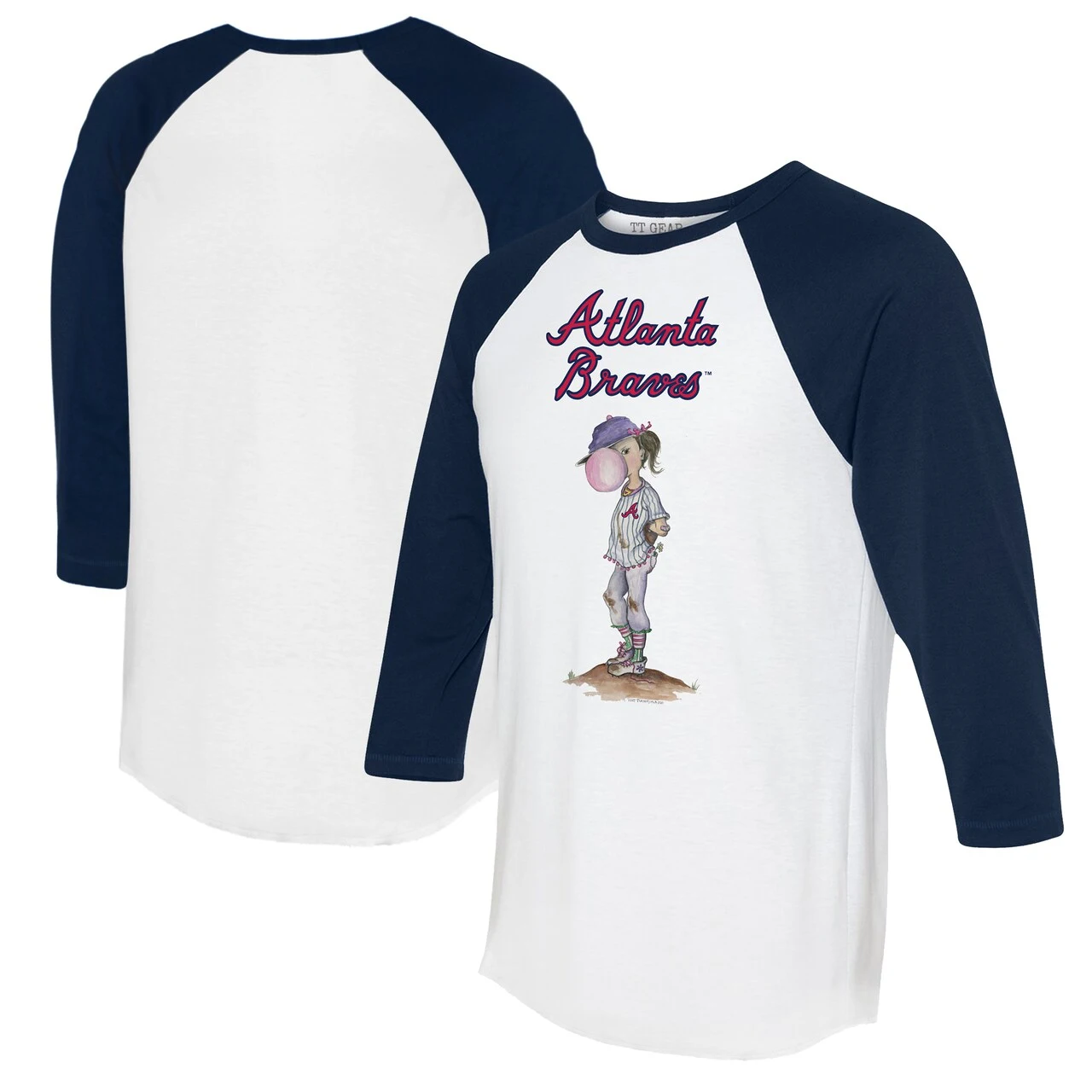 Women's Atlanta Braves Tiny Turnip White/Navy Bubbles 3/4-Sleeve Raglan T-Shirt