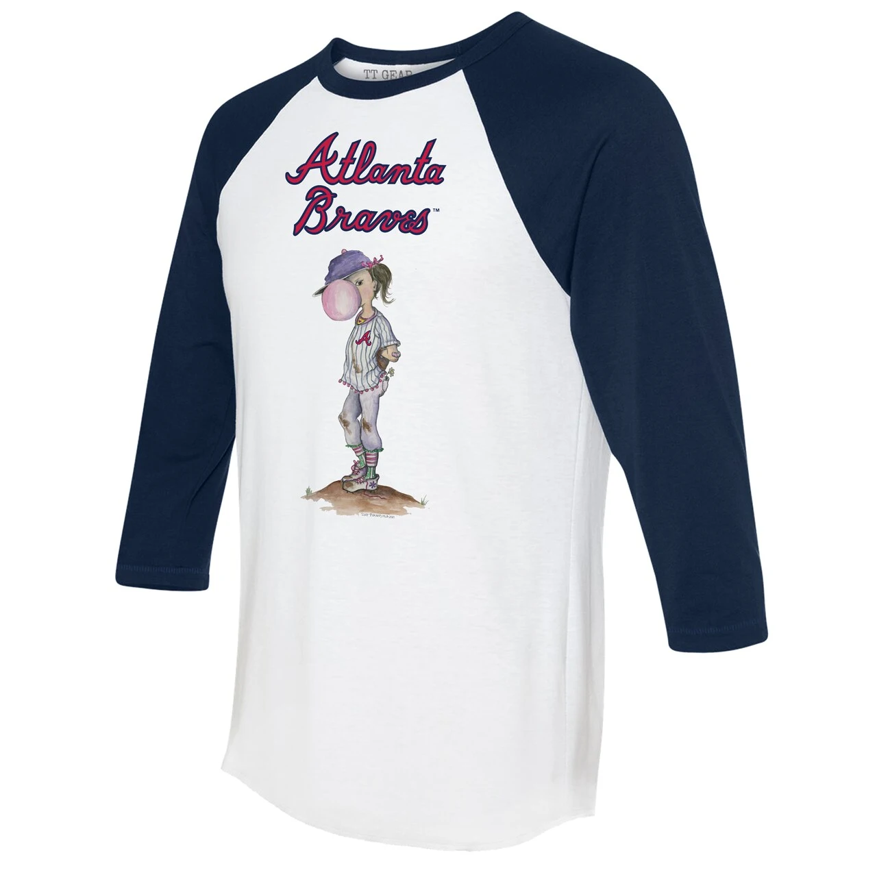 Women's Atlanta Braves Tiny Turnip White/Navy Bubbles 3/4-Sleeve Raglan T-Shirt - Image 2