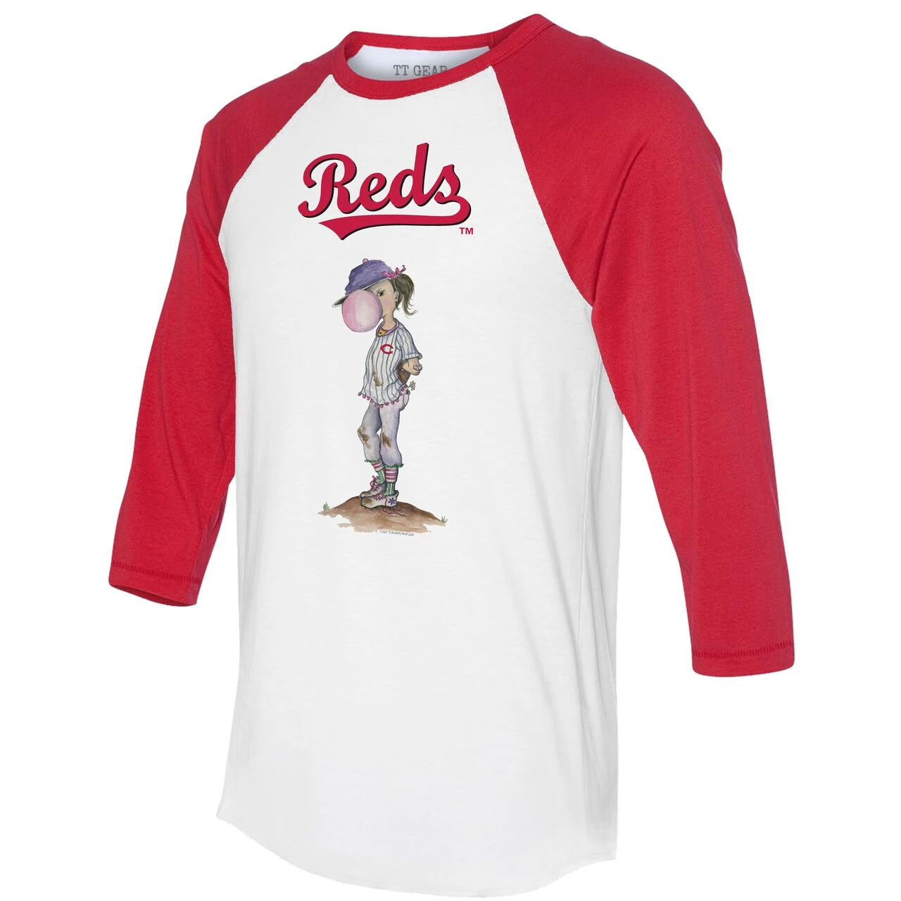 Women's Cincinnati Reds Tiny Turnip White/Red Bubbles 3/4-Sleeve Raglan T-Shirt - Image 2