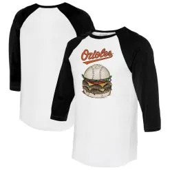 Women's Baltimore Orioles Tiny Turnip White/Black Burger 3/4-Sleeve Raglan T-Shirt