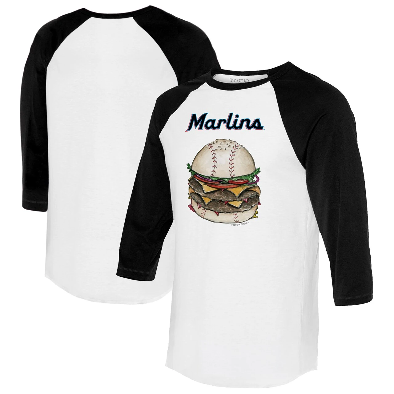 Women's Miami Marlins Tiny Turnip White/Black Burger 3/4-Sleeve Raglan T-Shirt