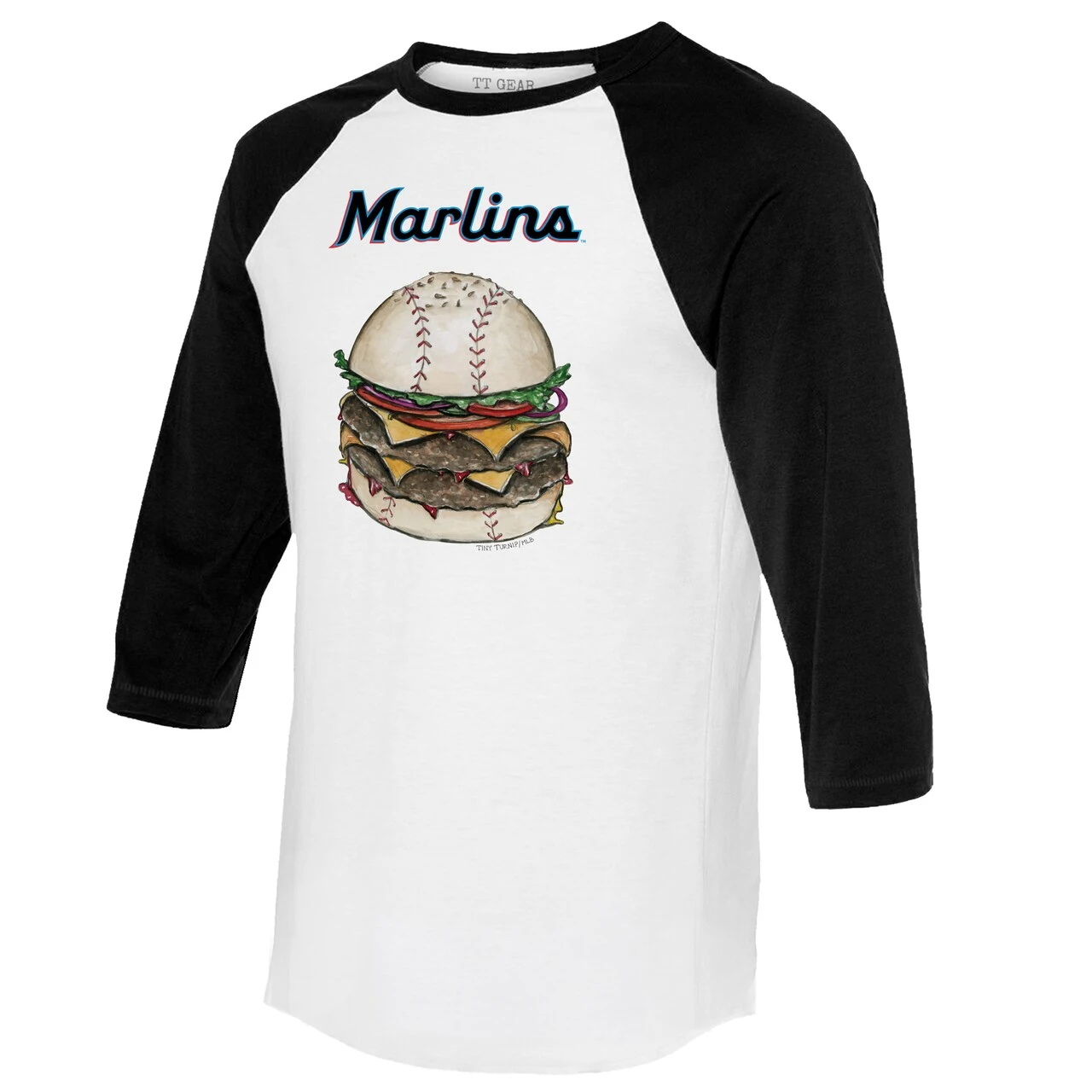 Women's Miami Marlins Tiny Turnip White/Black Burger 3/4-Sleeve Raglan T-Shirt - Image 2