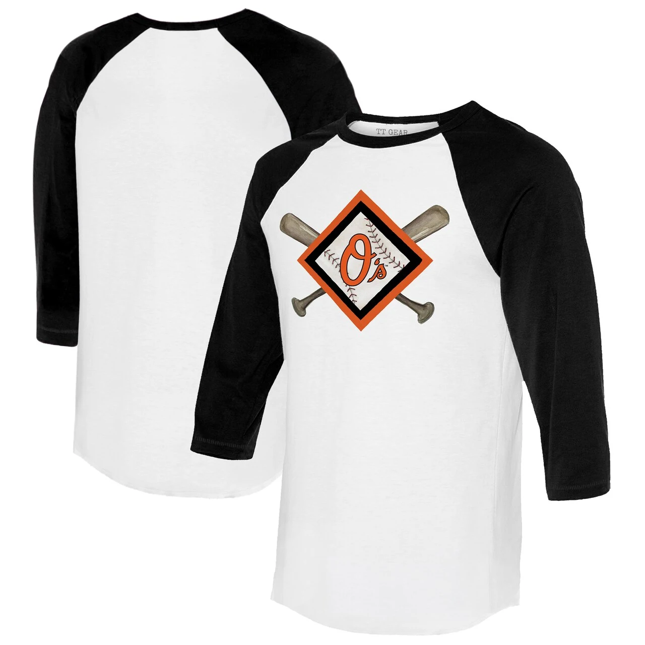 Women's Baltimore Orioles Tiny Turnip White/Black Diamond Cross Bats 3/4-Sleeve Raglan T-Shirt