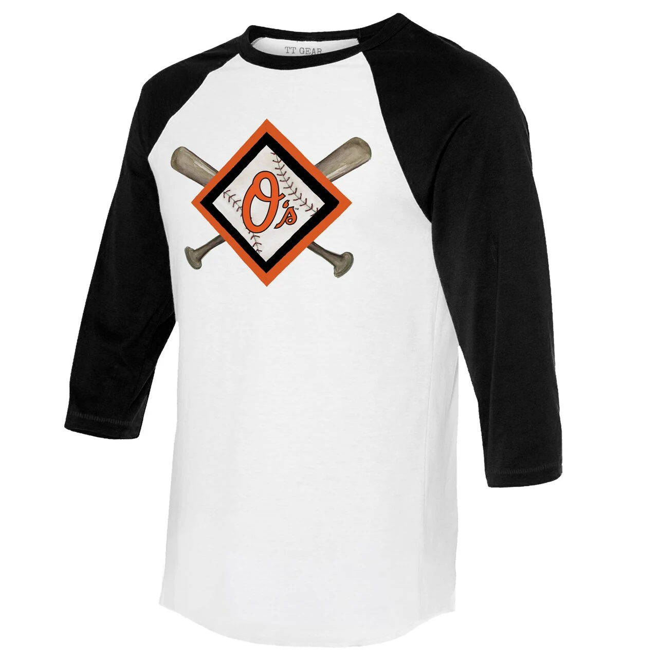 Women's Baltimore Orioles Tiny Turnip White/Black Diamond Cross Bats 3/4-Sleeve Raglan T-Shirt - Image 2