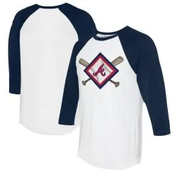 Women's Atlanta Braves Tiny Turnip White/Navy Diamond Cross Bats 3/4-Sleeve Raglan T-Shirt