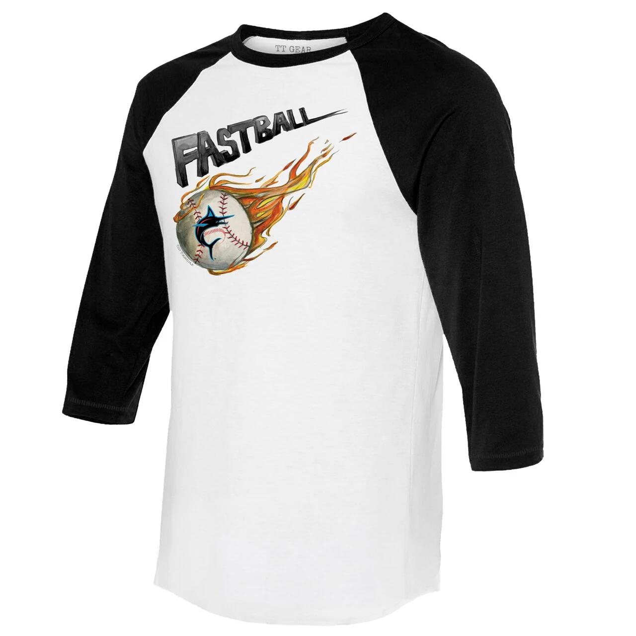 Women's Miami Marlins Tiny Turnip White/Black Fastball 3/4-Sleeve Raglan T-Shirt - Image 2