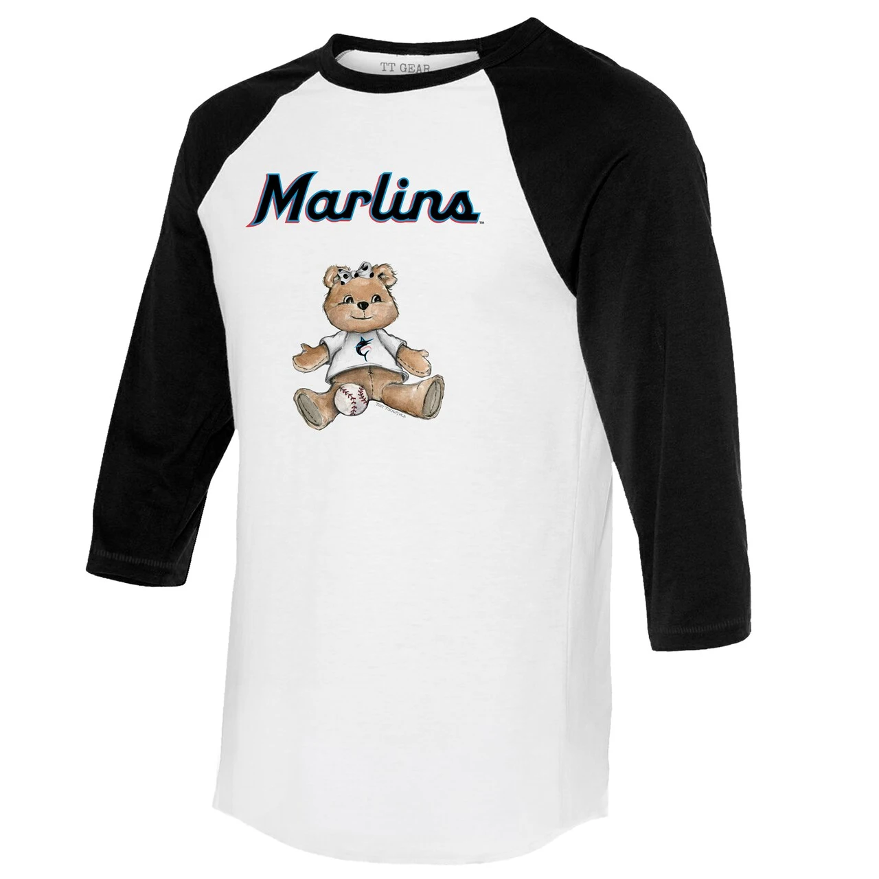 Women's Miami Marlins Tiny Turnip White/Black Girl Teddy 3/4-Sleeve Raglan T-Shirt - Image 2