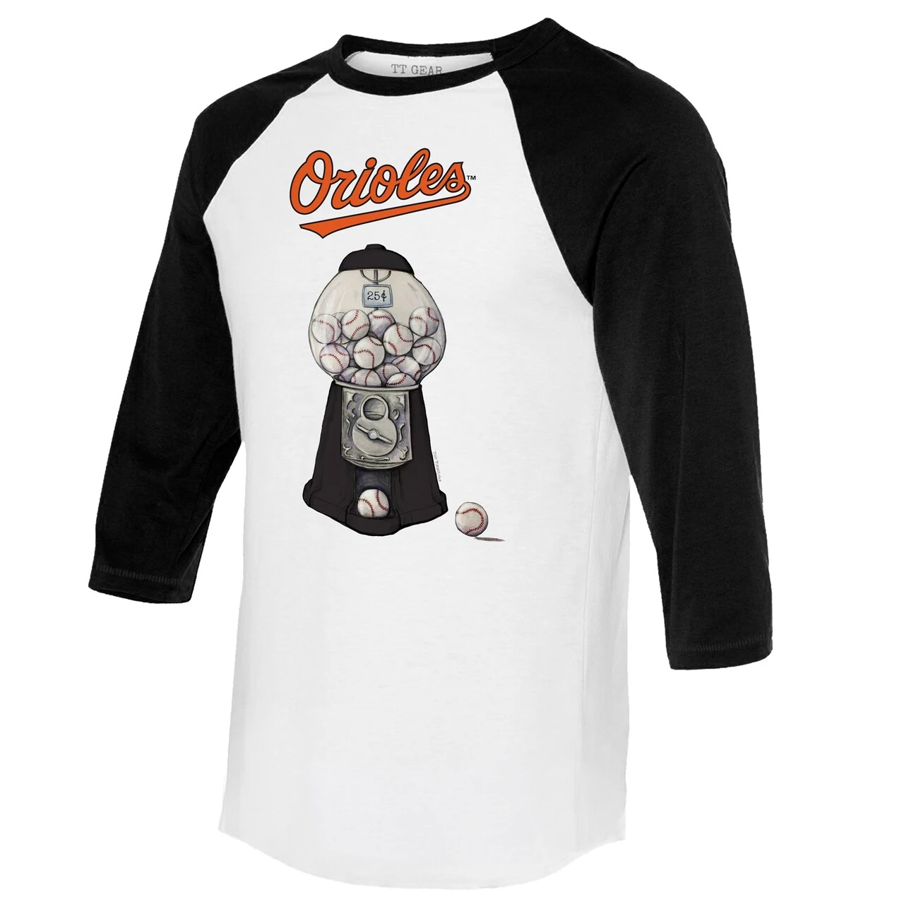 Women's Baltimore Orioles Tiny Turnip White/Black Gumball Machine 3/4-Sleeve Raglan T-Shirt - Image 2