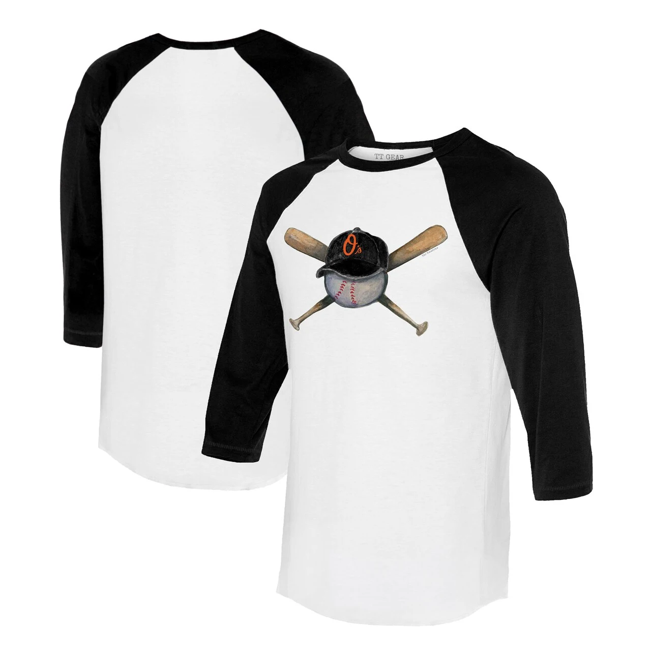 Women's Baltimore Orioles Tiny Turnip White/Black Hat Crossbats 3/4-Sleeve Raglan T-Shirt