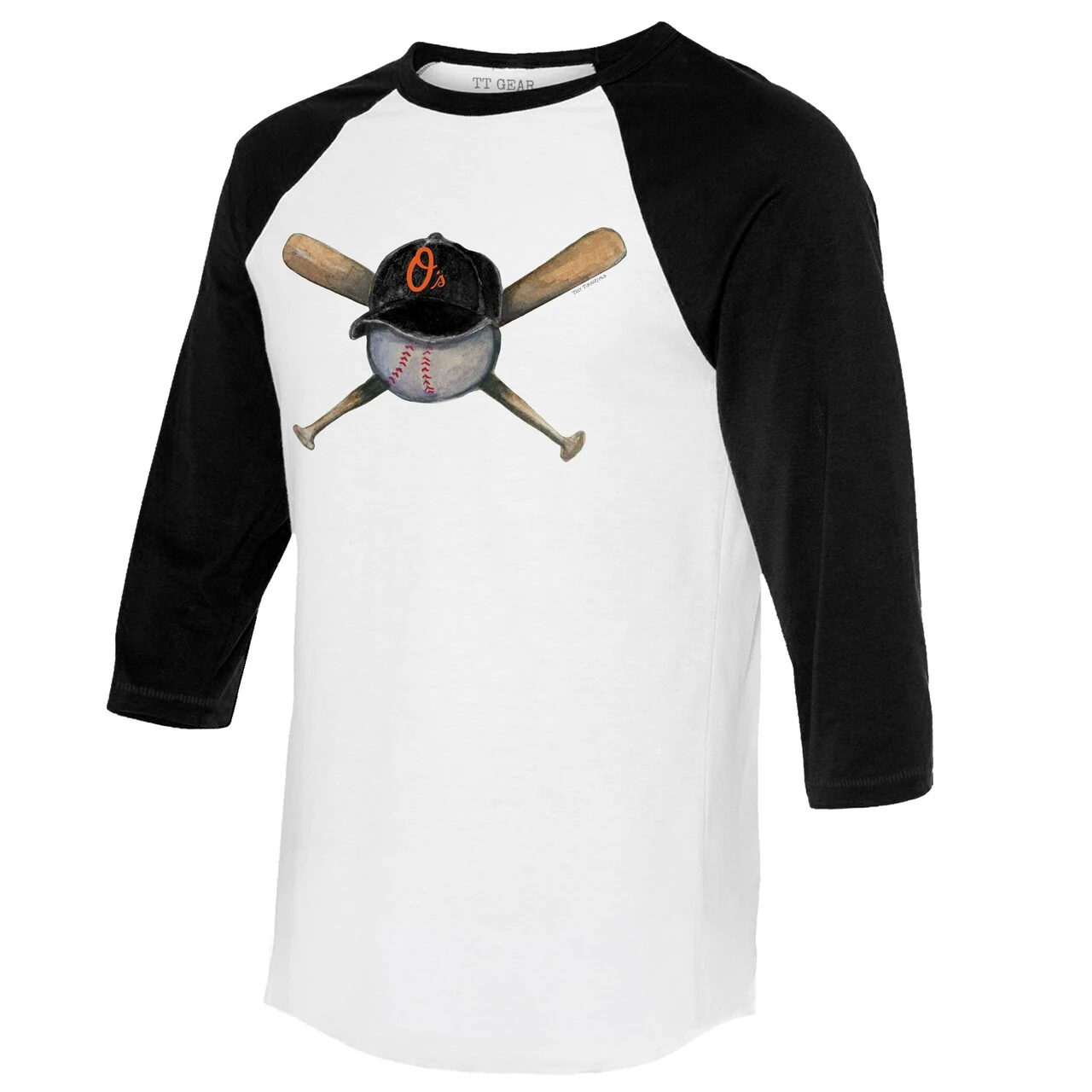 Women's Baltimore Orioles Tiny Turnip White/Black Hat Crossbats 3/4-Sleeve Raglan T-Shirt - Image 2
